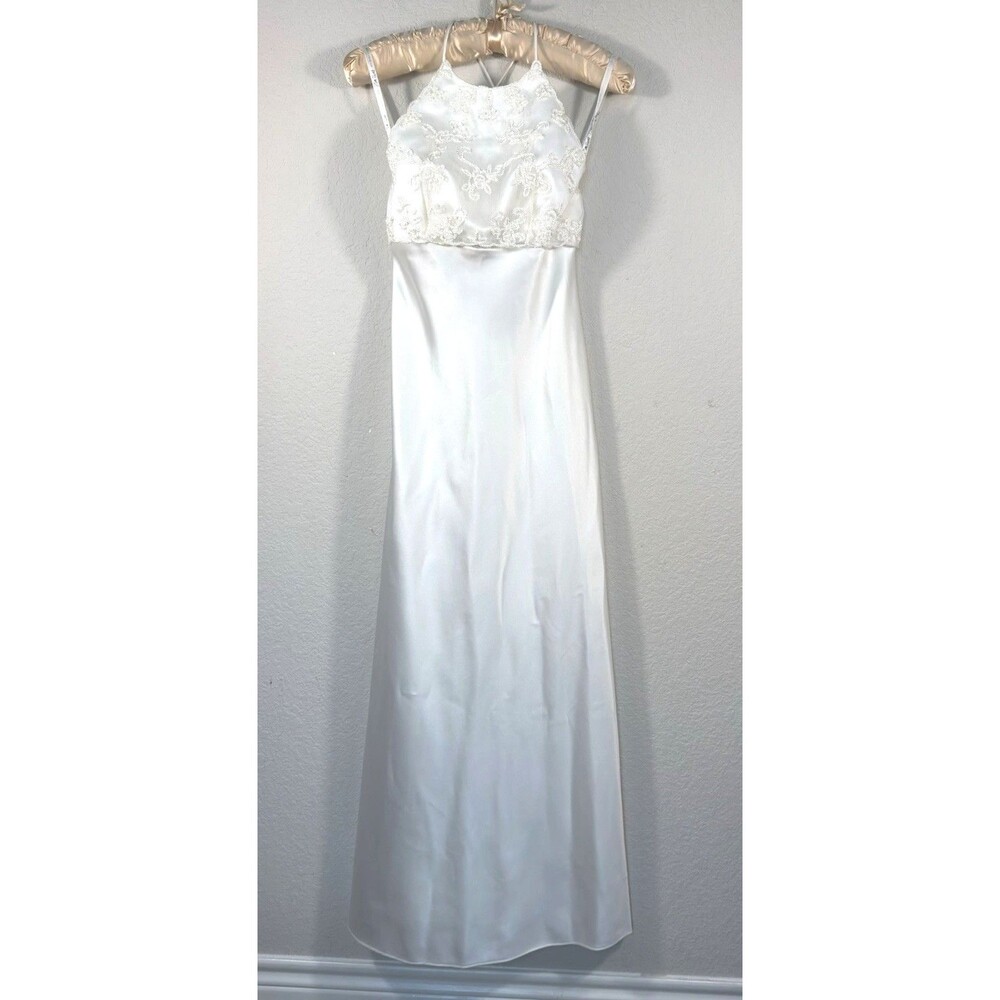 VTG White Lace Pearl Halter Open Back Dress Gown S 5-6 Zum Zum by Niki Livas Y2K